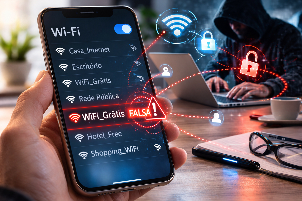 ilustração de redes Wi-Fi falsas tentando capturar dados de um smartphone