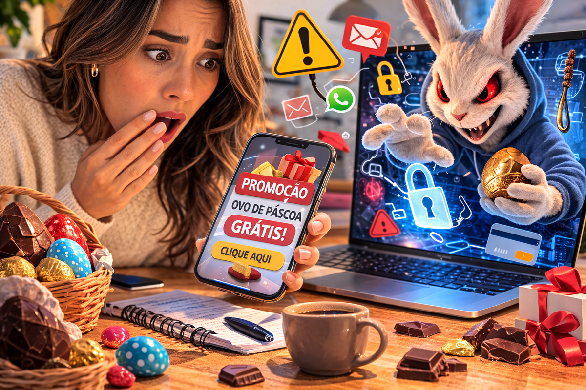 Celular exibindo falsa promoção de ovos de páscoa usada em golpe de phishing