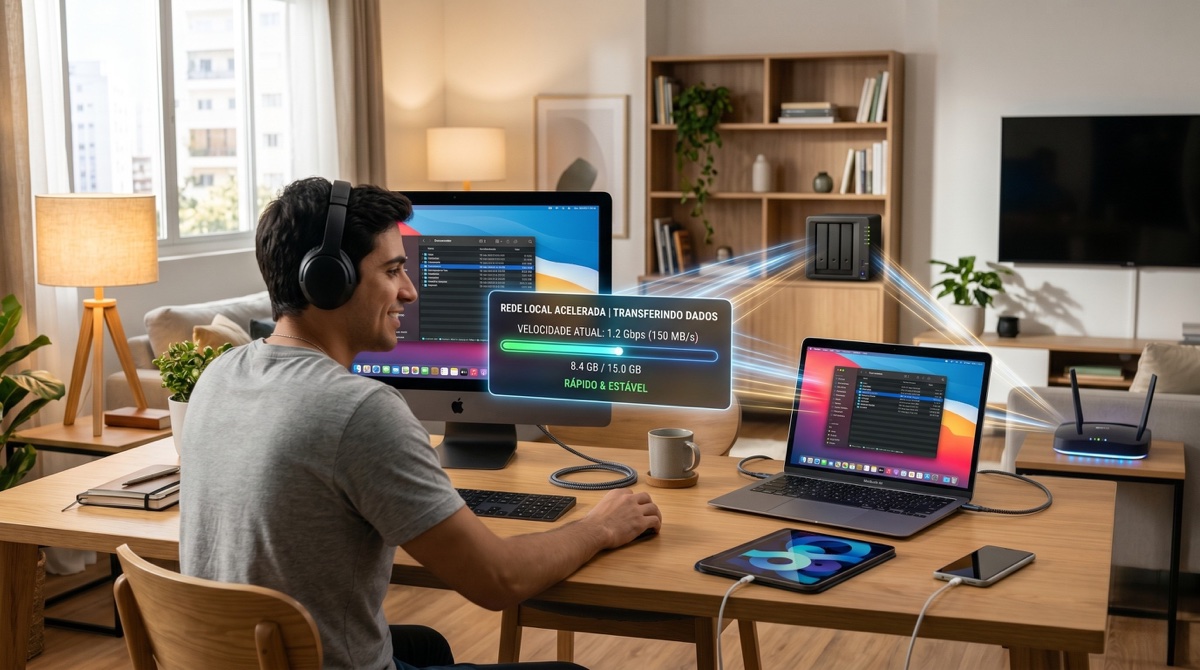 Rede local acelerando o envio de arquivos entre diferentes dispositivos.