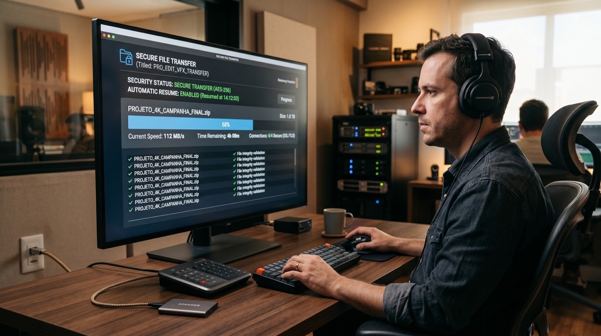 Profissional de mídia transferindo projeto pesado sem compactar arquivos.