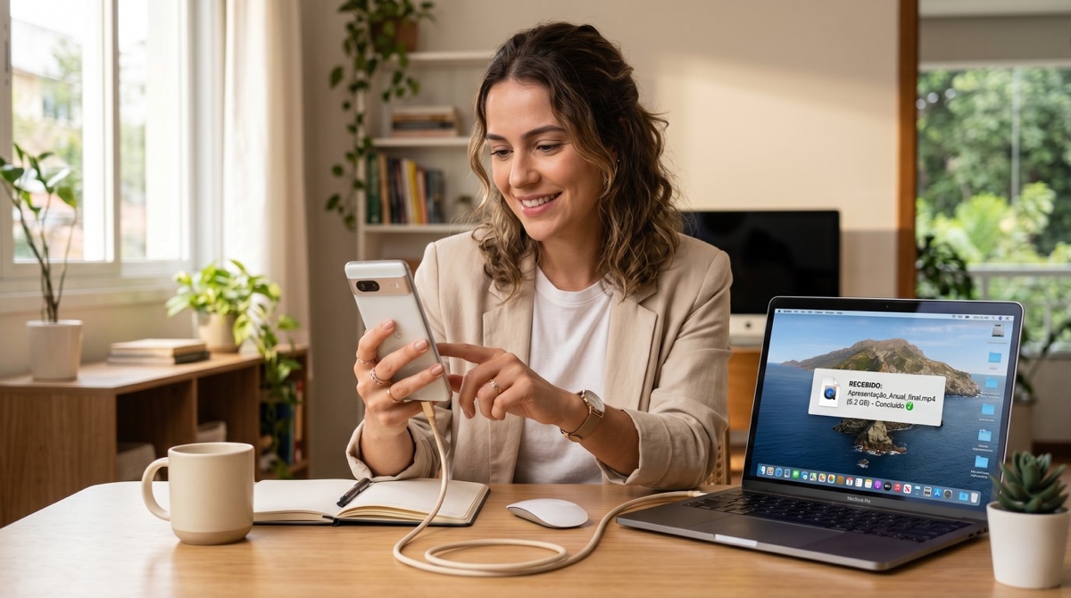 Transferência direta de arquivos entre celular e computador no mesmo ambiente de trabalho.