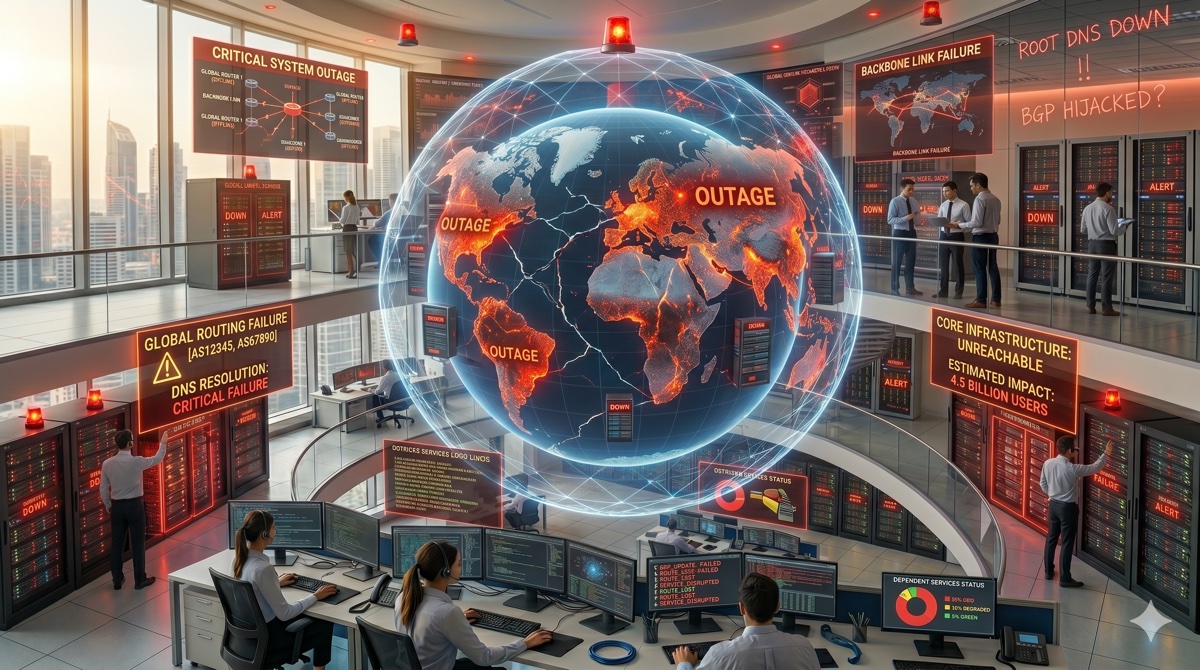 Painel de monitoramento de rede e serviços online mostrando impacto de uma falha em infraestrutura centralizada