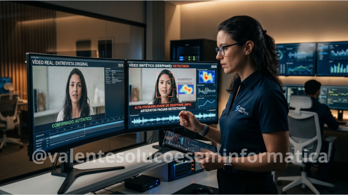 Profissional analisando detalhes de um vídeo suspeito em ambiente de verificação digital