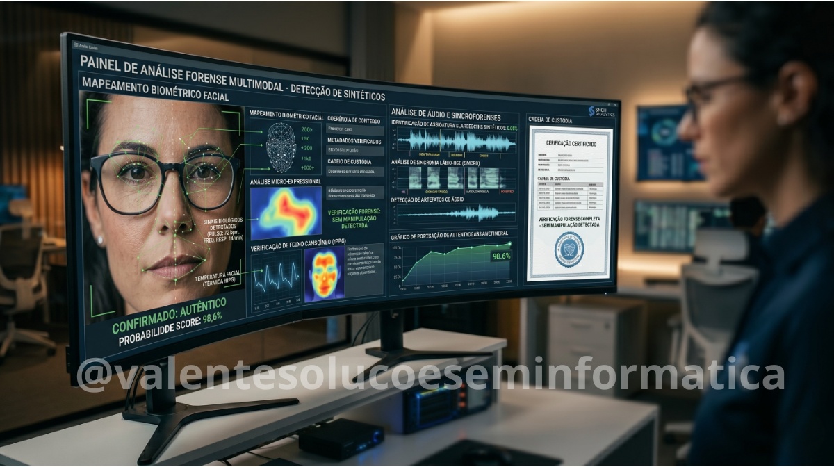Painel de análise multimodal avaliando autenticidade de vídeo e áudio suspeitos