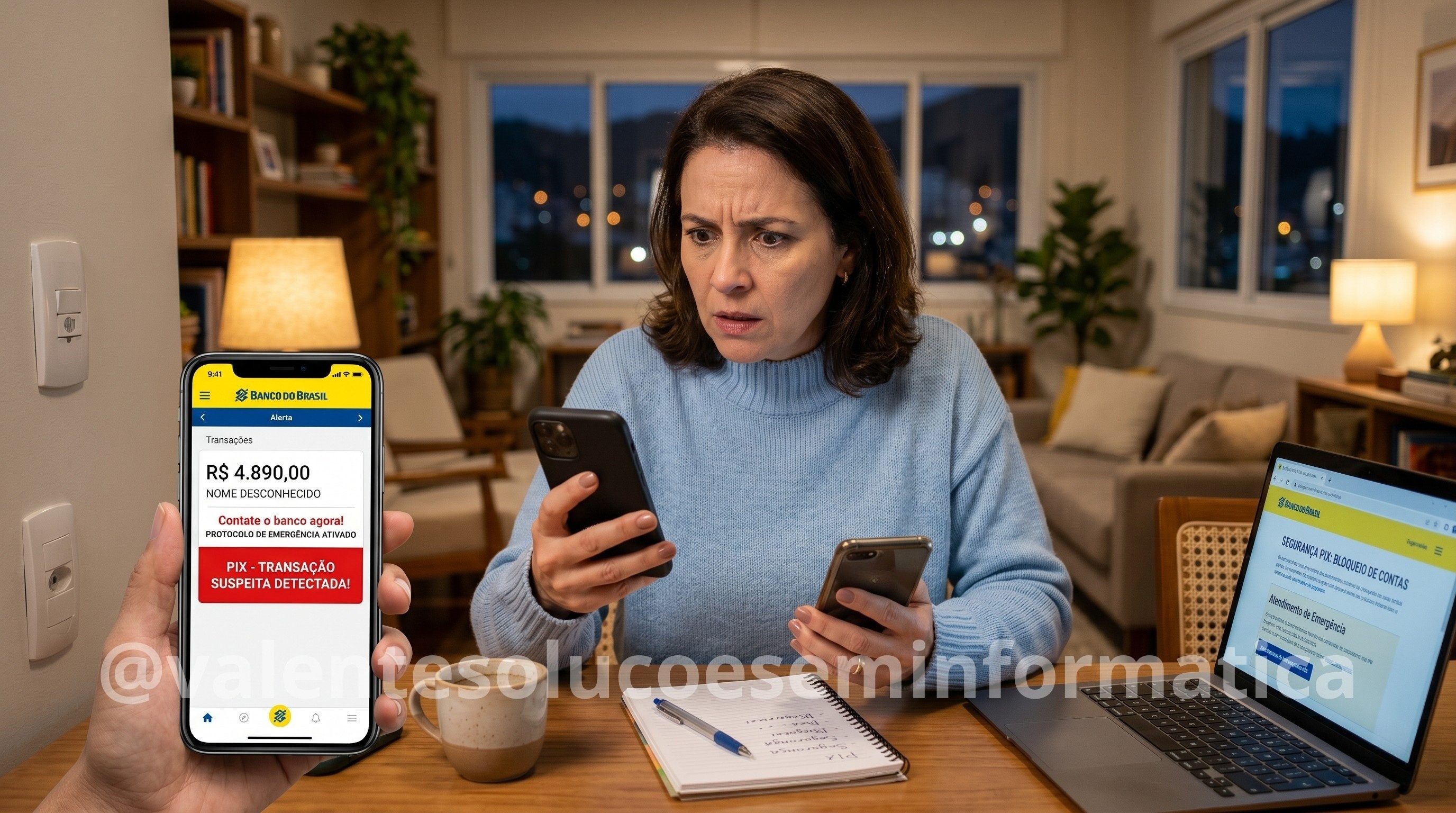 Pessoa reagindo rapidamente a uma transferência suspeita no aplicativo bancário para proteger o patrimônio digital