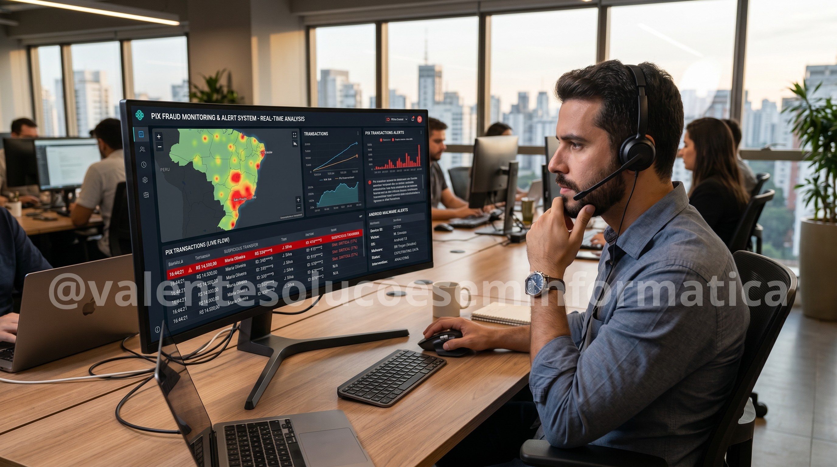 Especialista em segurança digital monitorando fraude em transações PIX em tempo real.