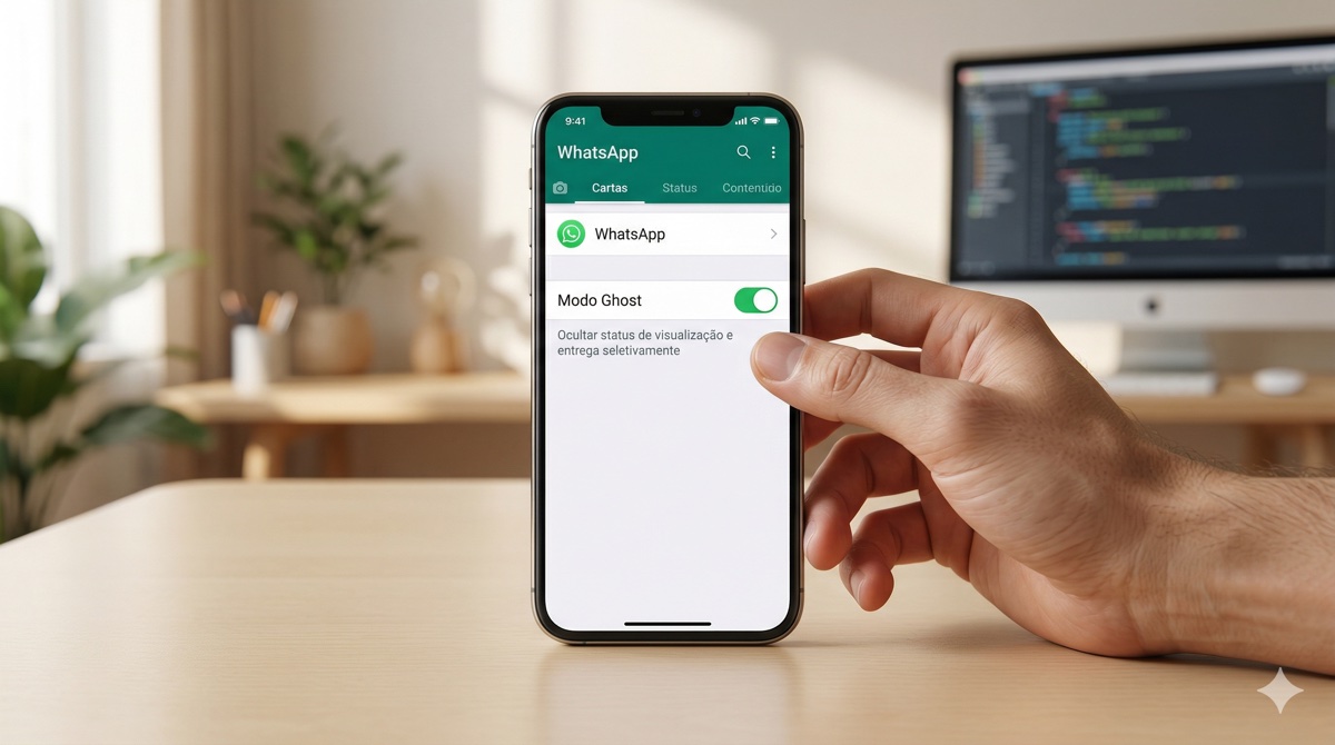 Interface conceitual do WhatsApp Ghost Mode com iluminação cinematográfica