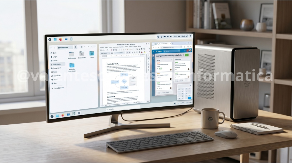 Ambiente de trabalho do Zorin OS com janelas organizadas e indicadores visuais na bandeja do sistema