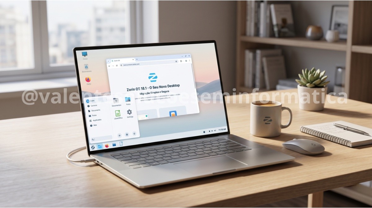 Interface do Zorin OS 18.1 exibida em notebook moderno com visual amigável para novos usuários