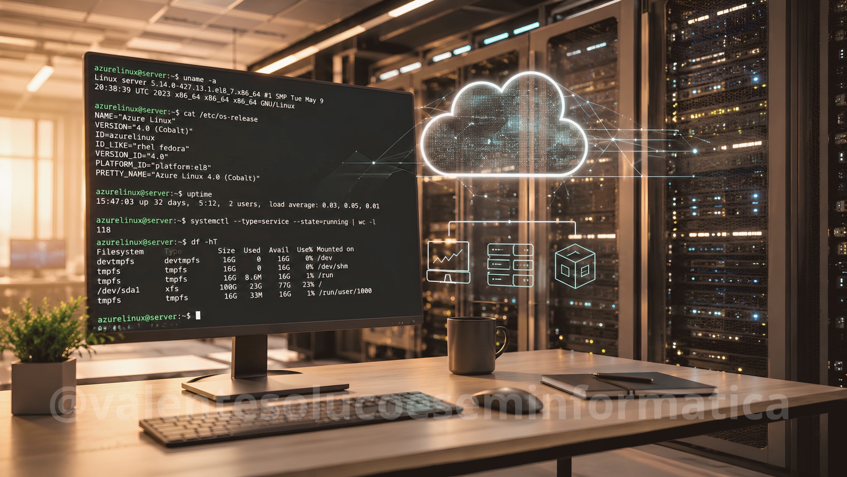 Datacenter corporativo representando o Azure Linux 4.0 em servidores de nuvem