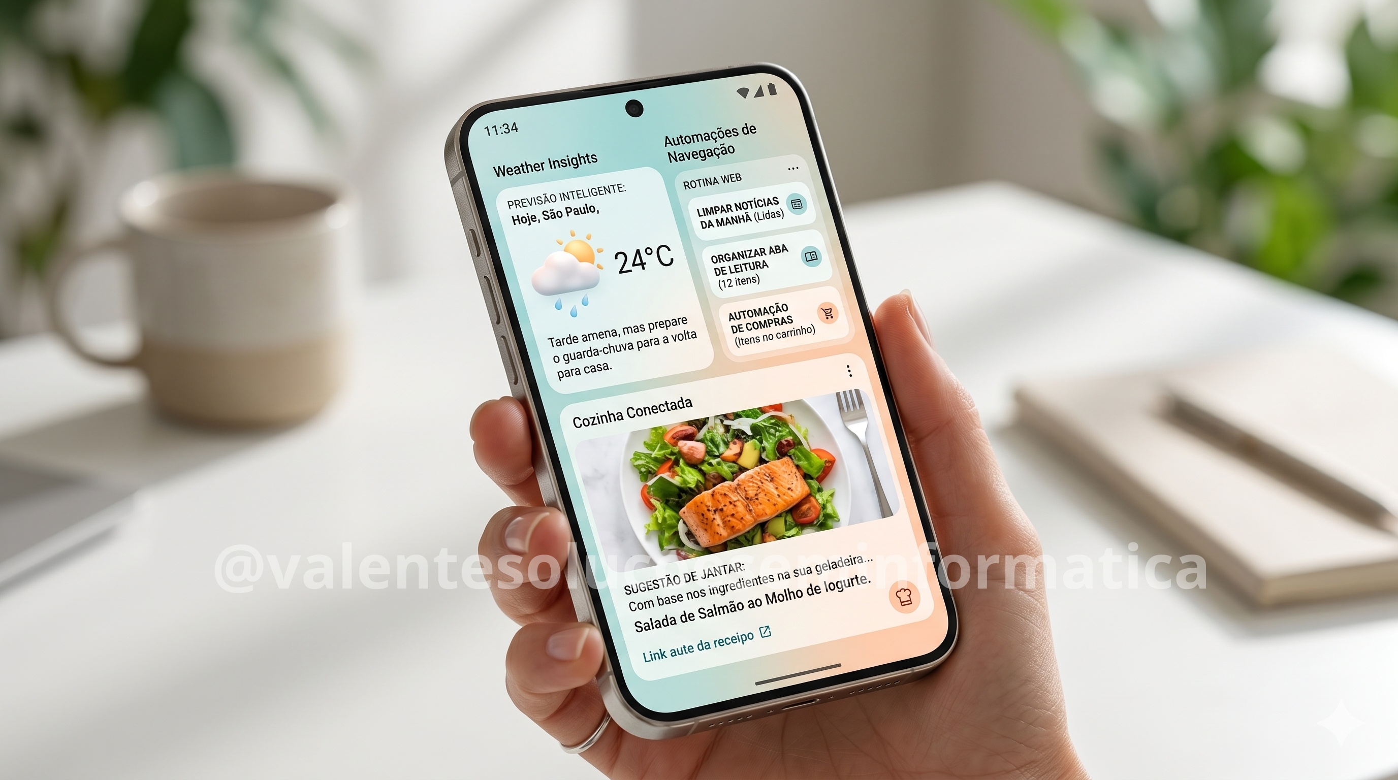 Smartphone com widgets generativos e automações inteligentes no Android