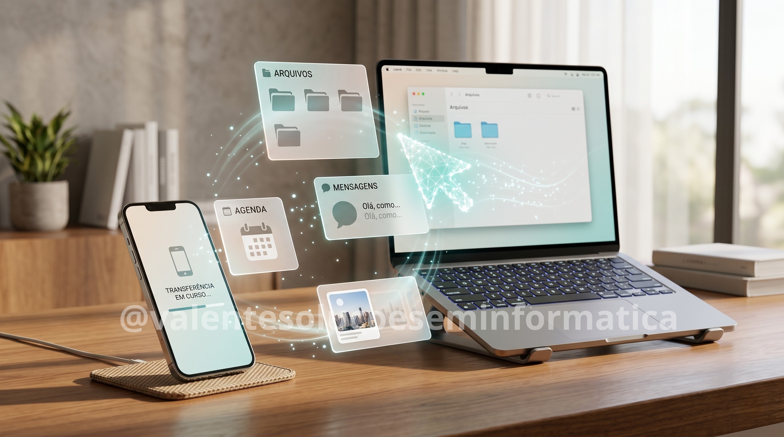 Smartphone e laptop premium com elementos de interoperabilidade e inteligência artificial