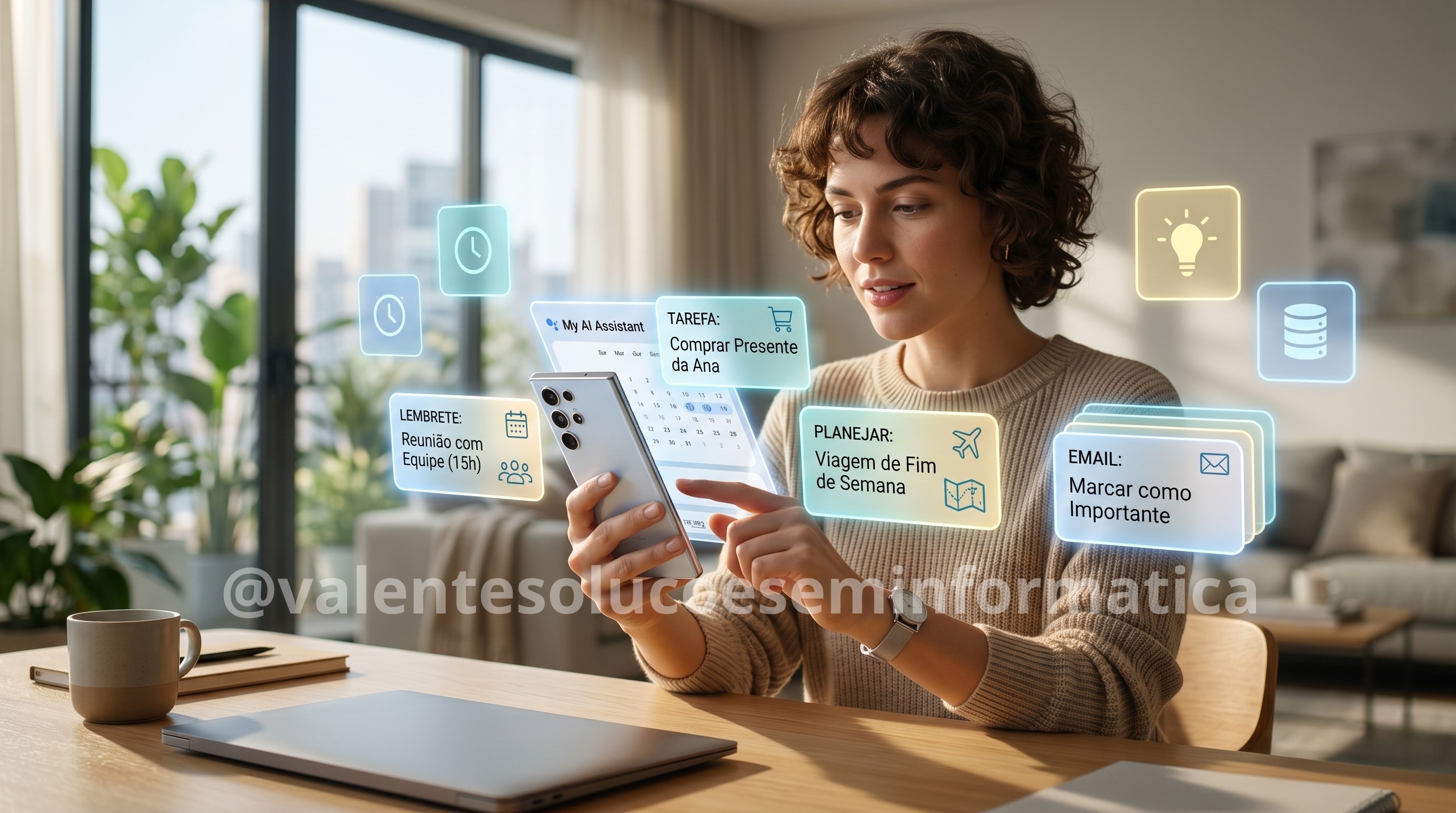 Smartphone Android com assistente de inteligência artificial organizando tarefas digitais
