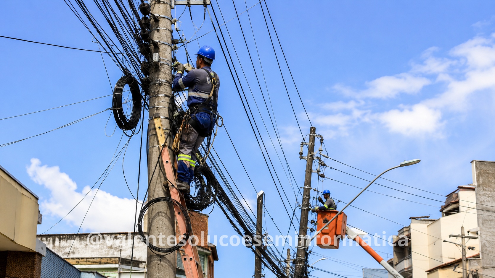 Postes urbanos com cabos de internet sendo organizados após decisão da AGU