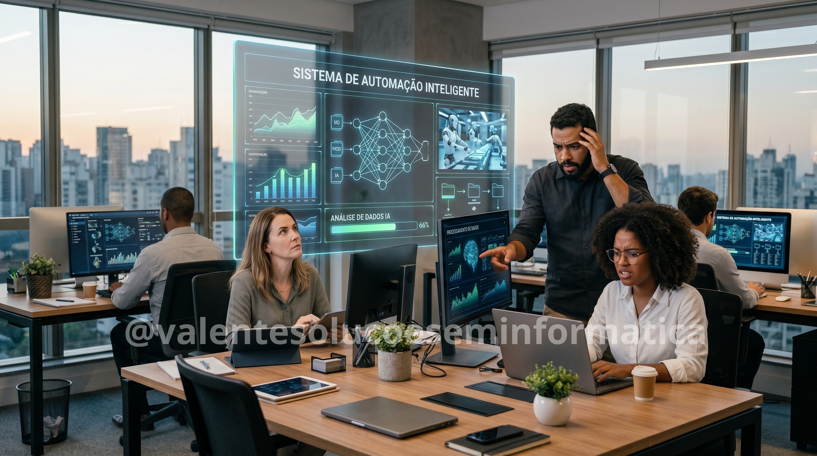 Escritório moderno com profissionais divididos entre colaboração humana e sistemas de inteligência artificial