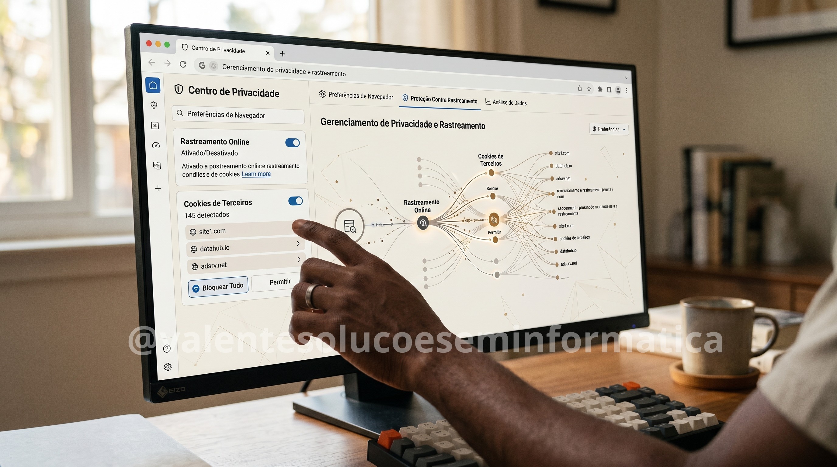 Usuário ajustando configurações de privacidade contra rastreamento online