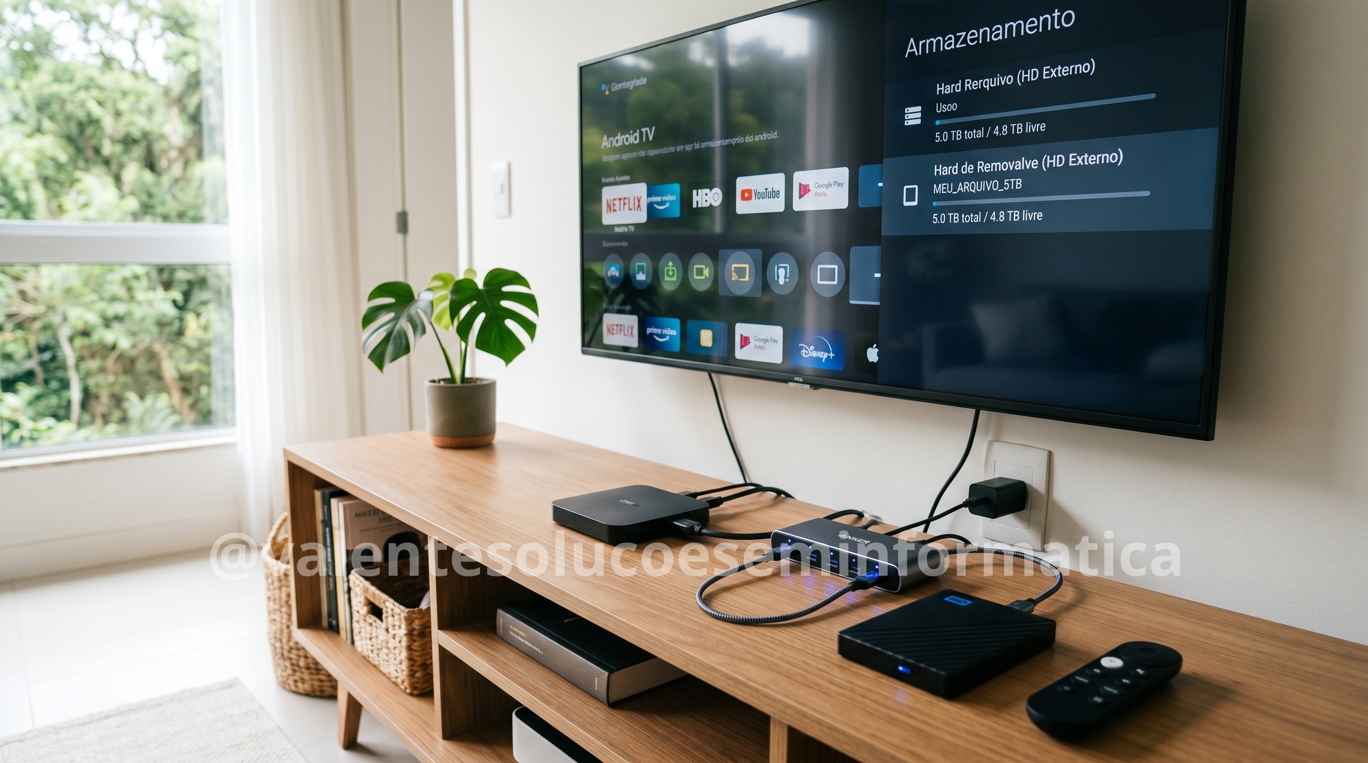 HD externo conectado a hub USB com Chromecast e Android TV