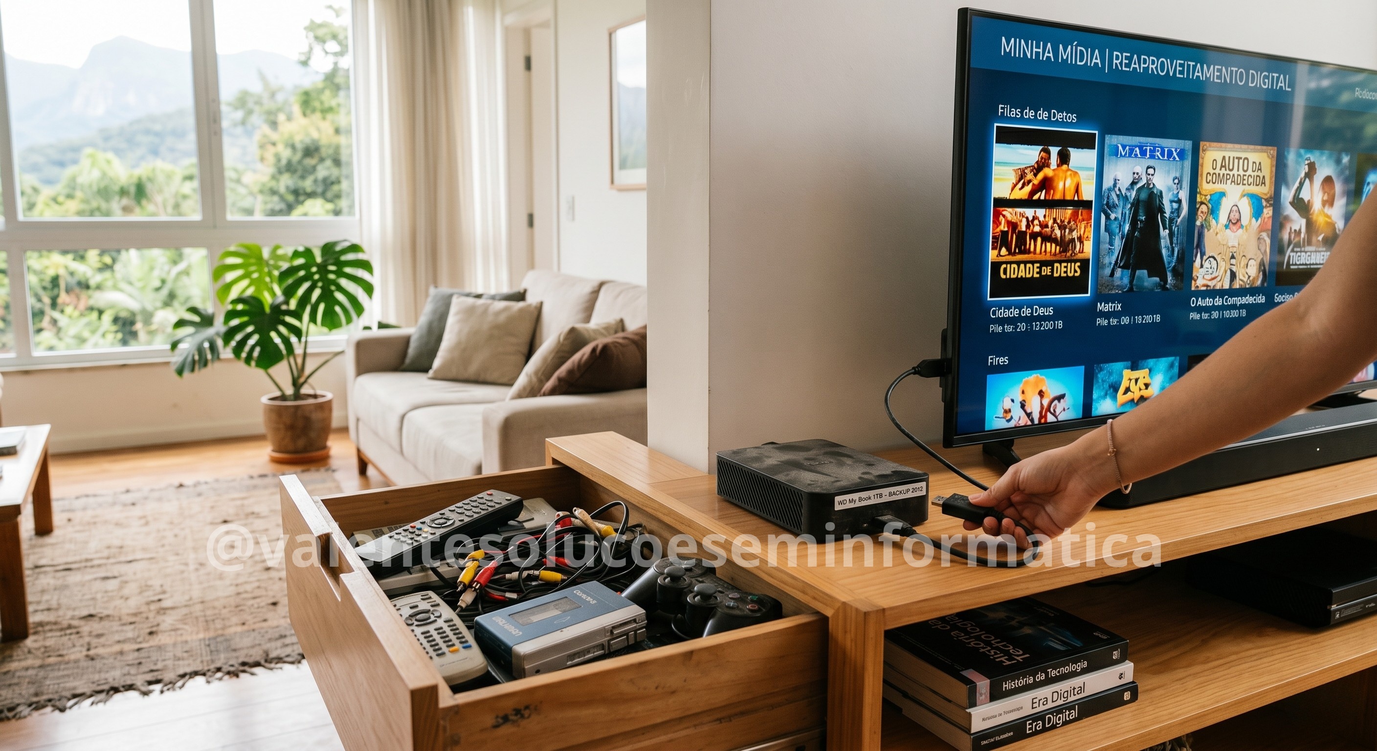 Gaveta com eletrônicos antigos e HD sendo reaproveitado para uso em Smart TV