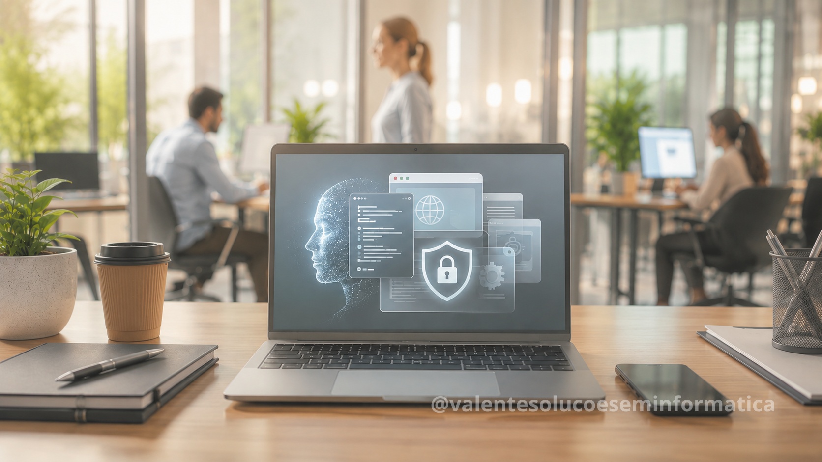 Ambiente corporativo com ferramentas de inteligência artificial invisíveis e camadas de segurança digital