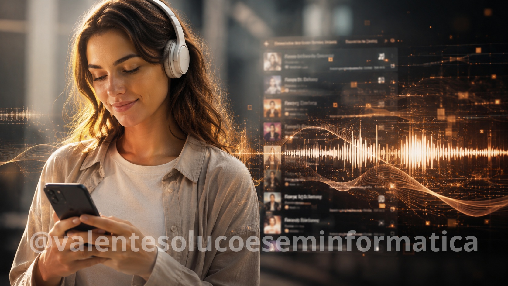 Pessoa ouvindo música em plataforma de streaming com padrões algorítmicos ao fundo