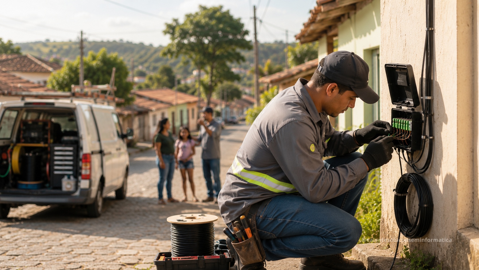 Tecnico de provedor regional instalando fibra optica em uma rua de cidade do interior