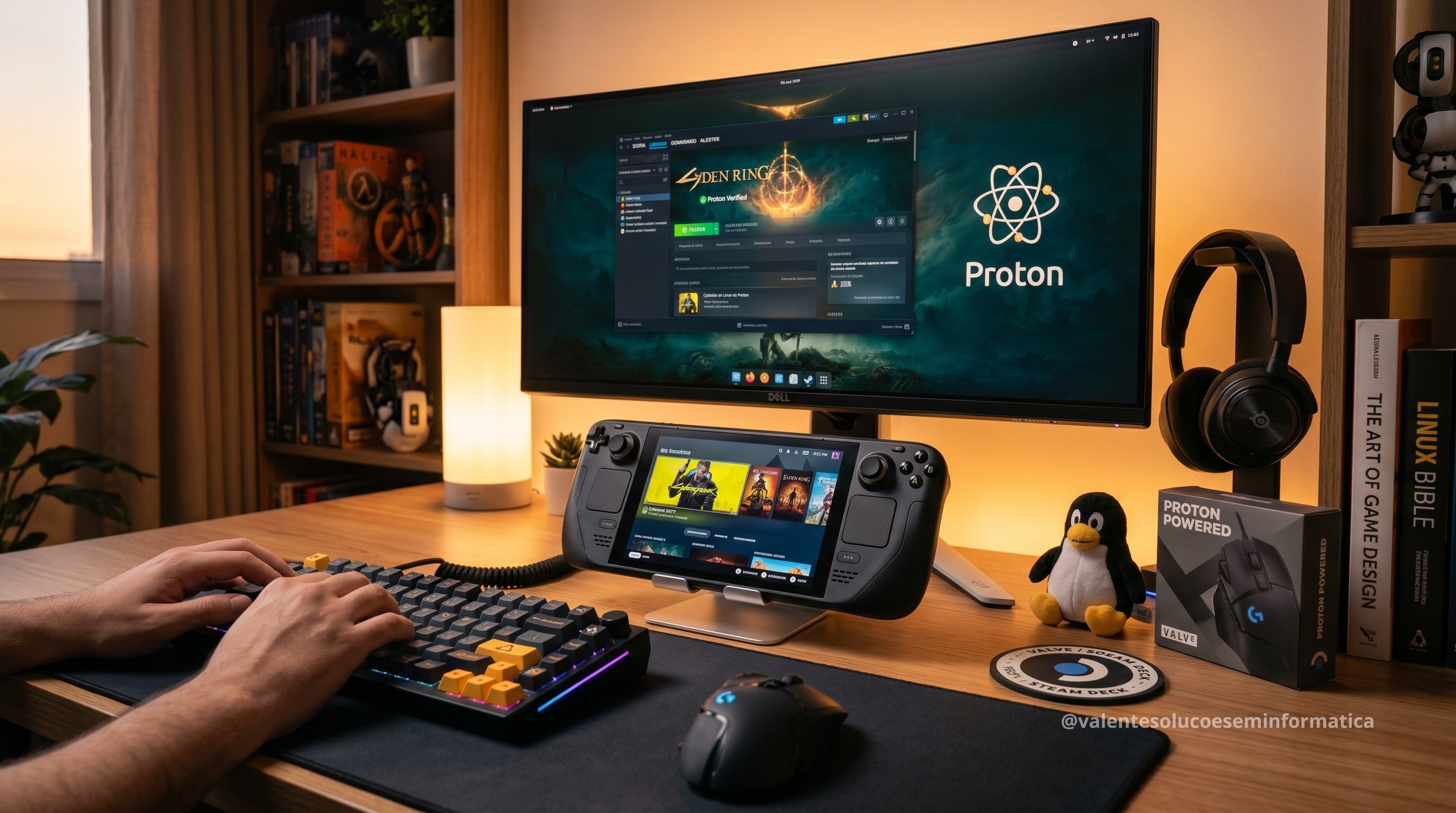 Setup gamer com console portátil e jogos rodando em Linux