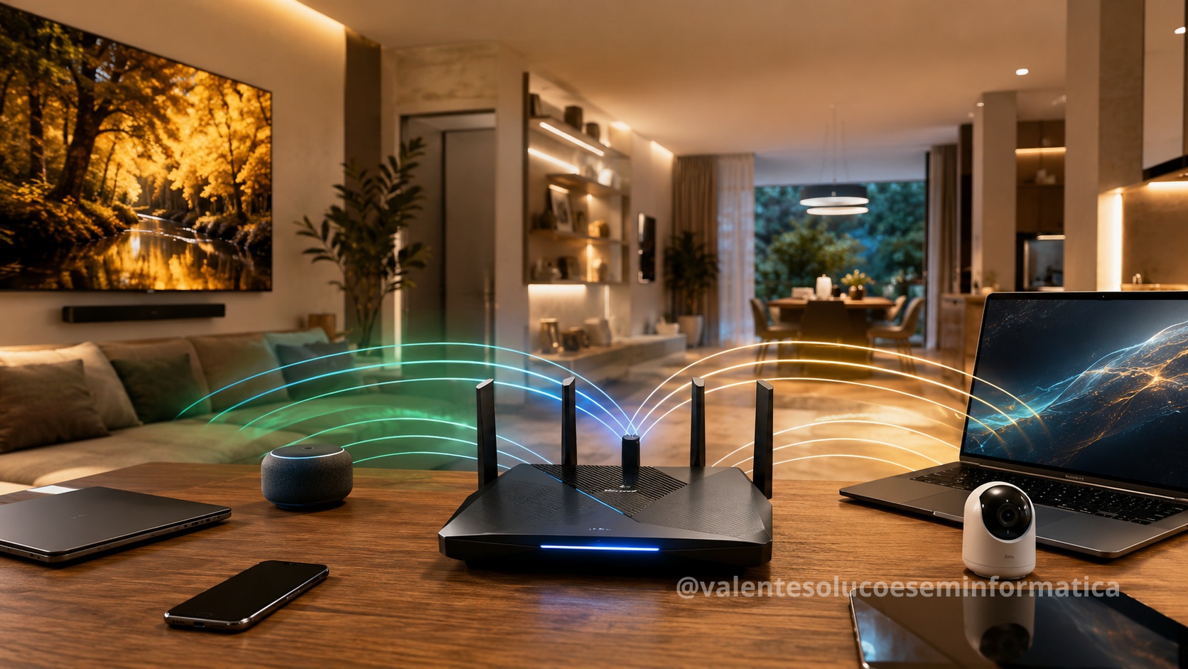 Roteador Wi-Fi 7 conectando múltiplos dispositivos em uma casa moderna