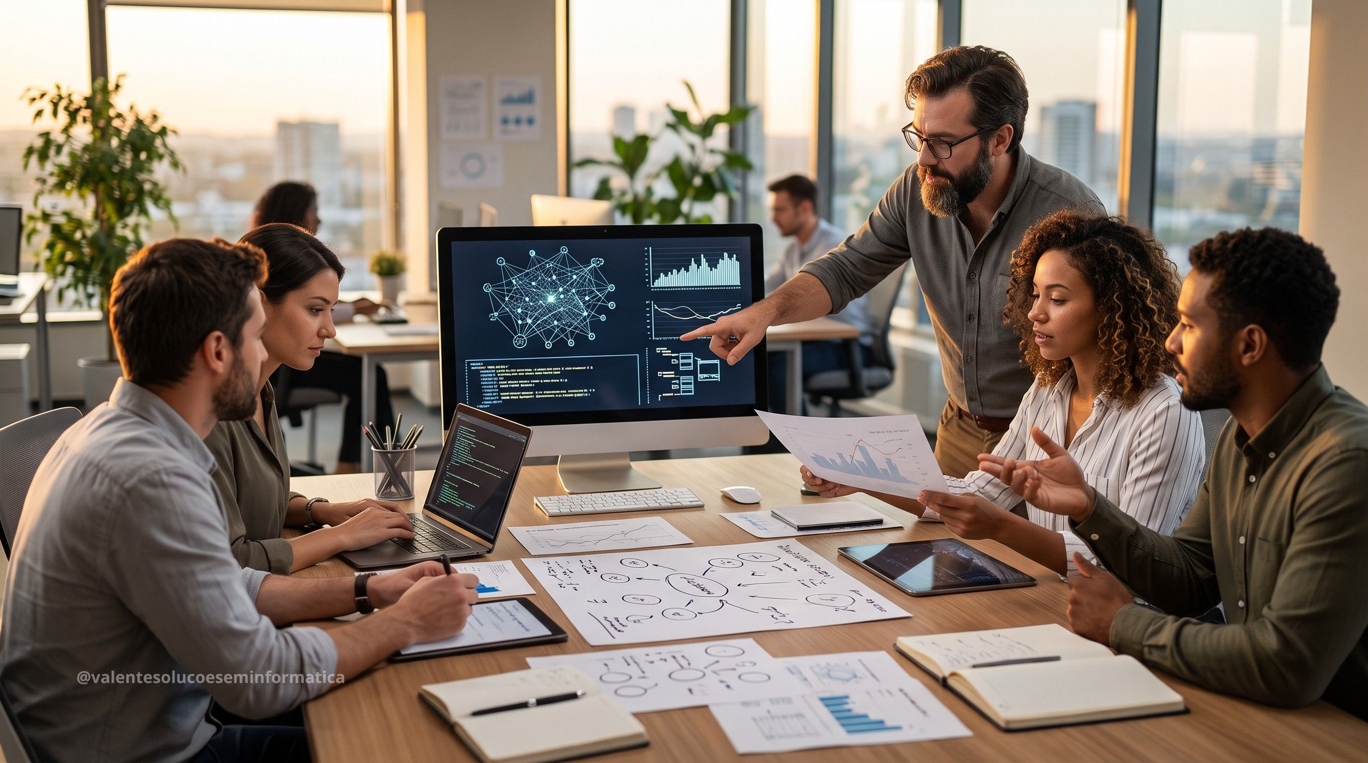 Equipe revisando uma análise criada por inteligência artificial
