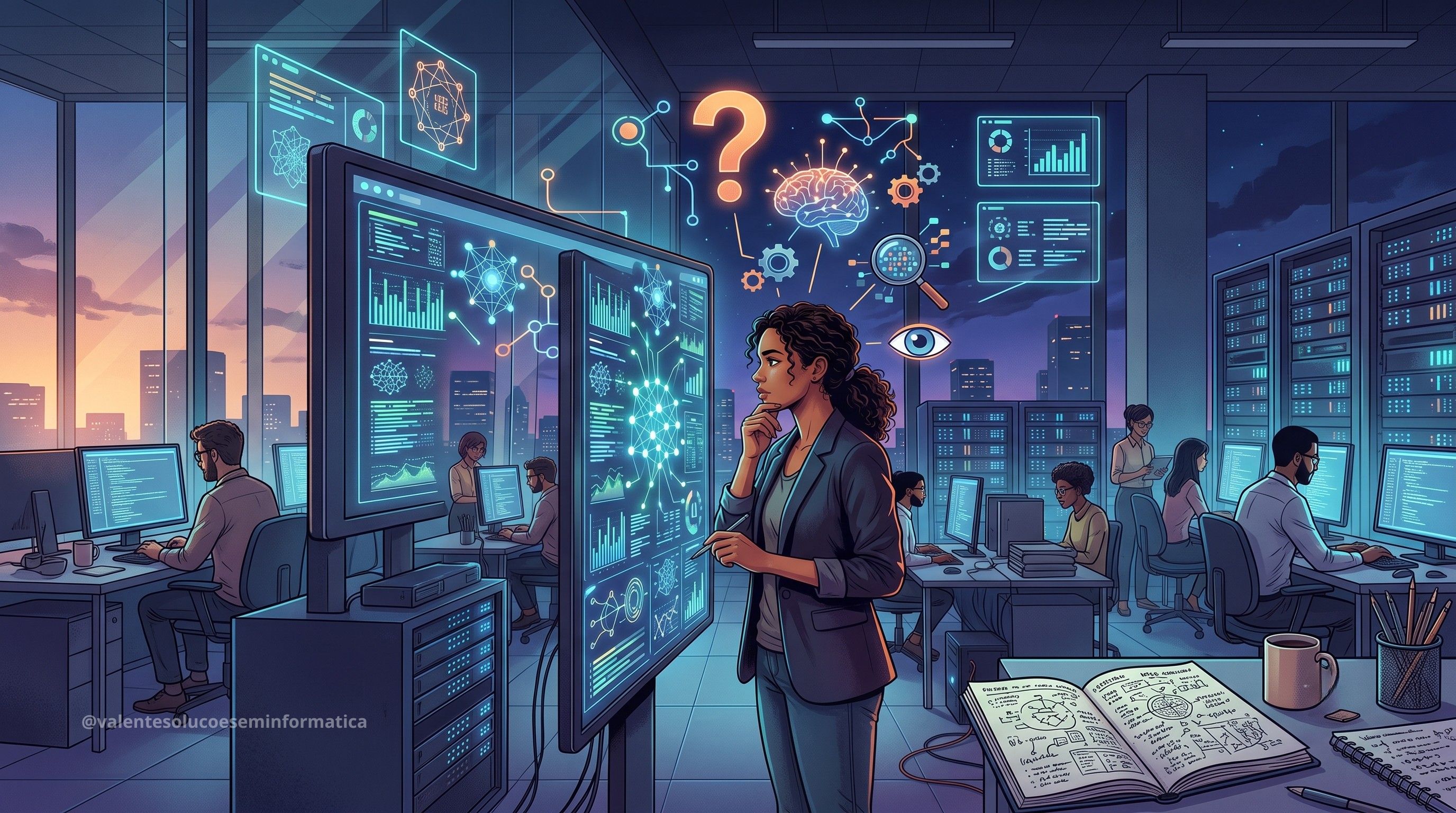 Profissional analisando respostas de inteligência artificial com pensamento crítico