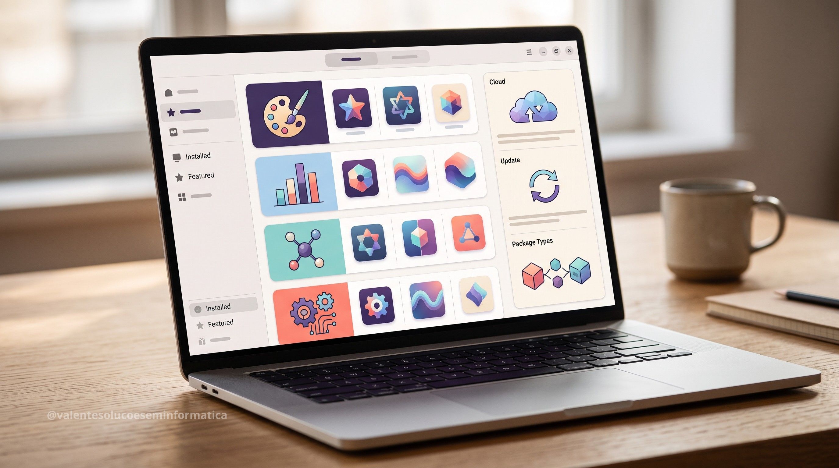 Central de aplicativos Linux organizada em um notebook