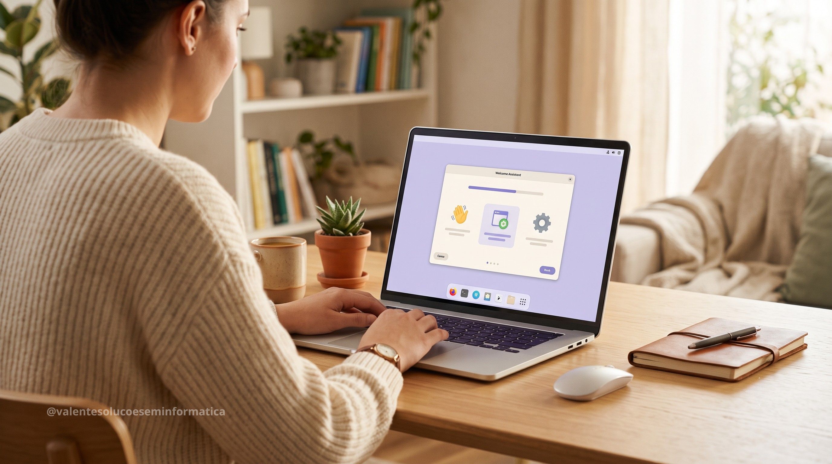 Pessoa configurando um notebook com uma interface Linux moderna e amigável