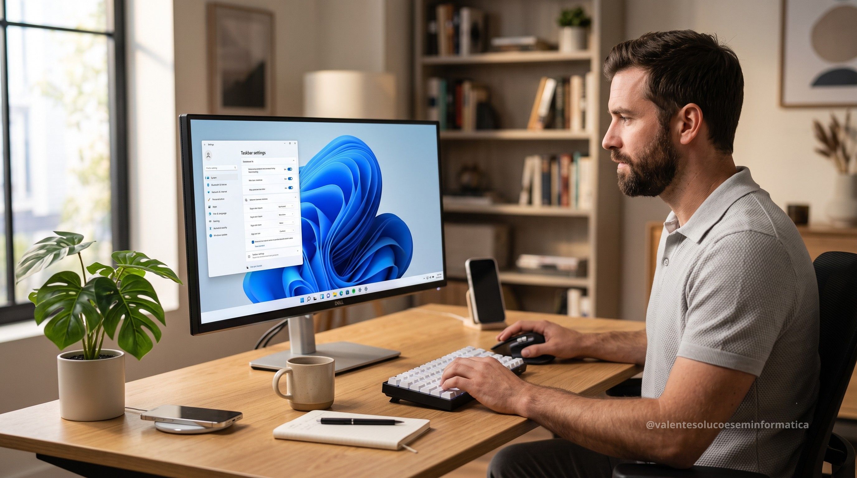 Computador com Windows 11 exibe uma barra de tarefas personalizável