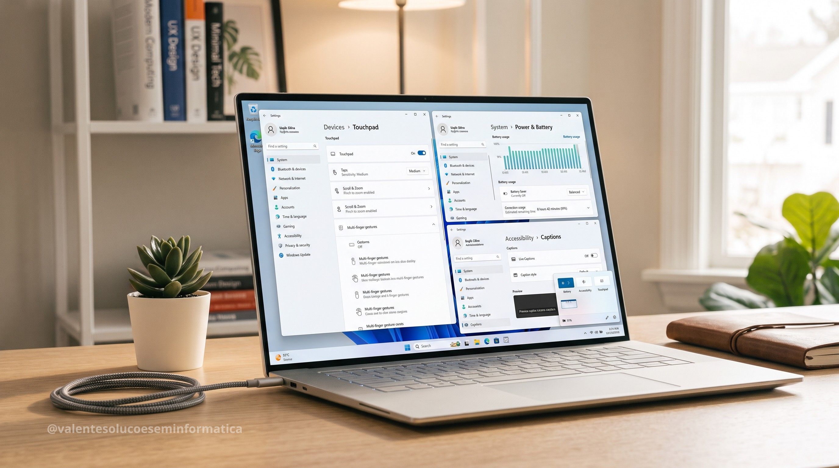 Notebook com controles de bateria e acessibilidade do Windows 11