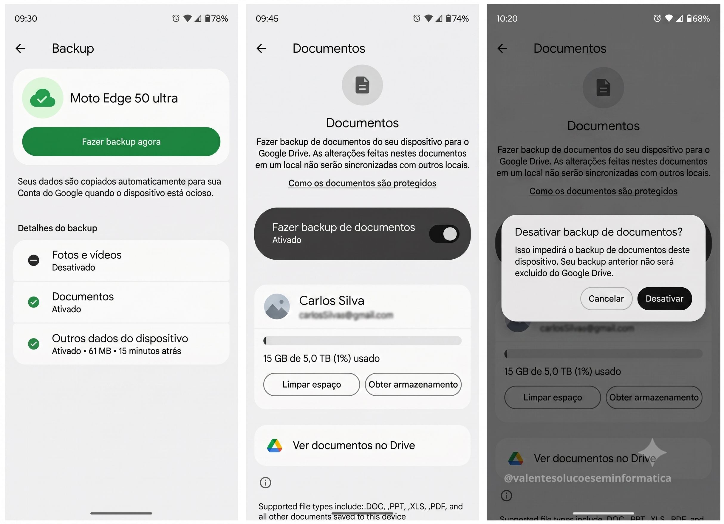 Etapas para ativar e desativar o backup de documentos no Android