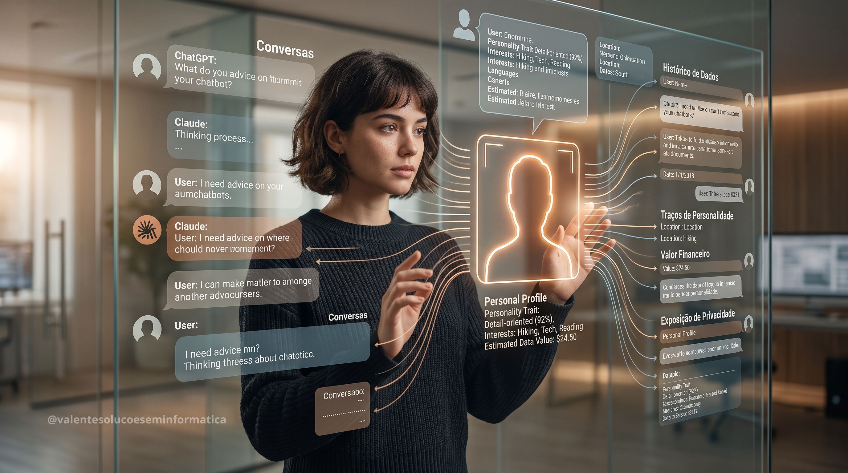 Profissional analisando dados de privacidade em conversas com chatbots de inteligência artificial