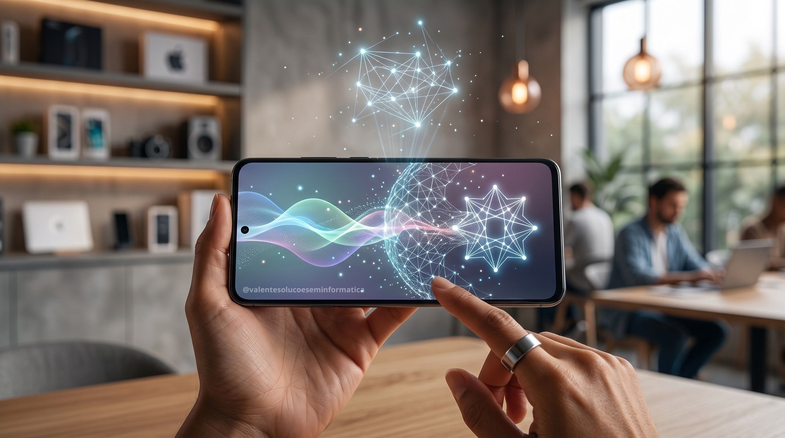 Smartphone Android com interface de assistente por voz e inteligência artificial
