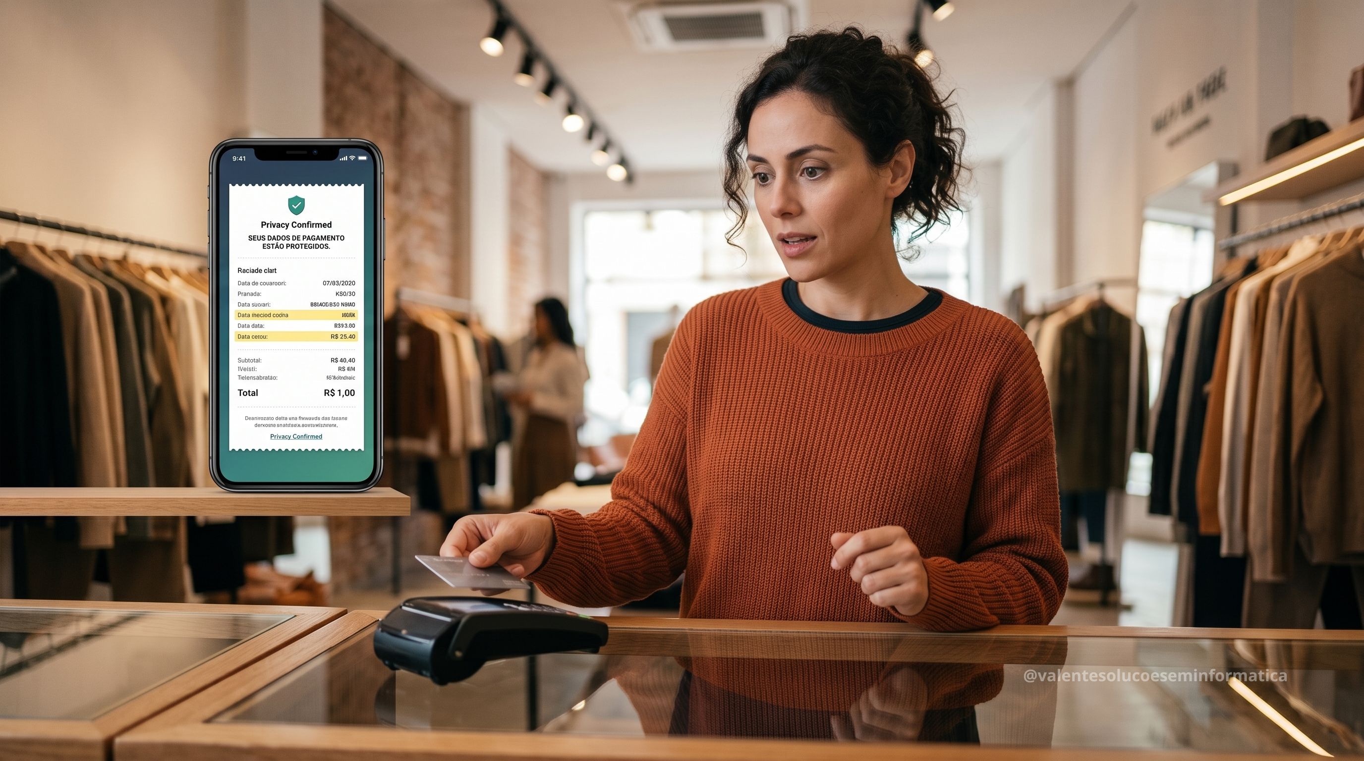 Cliente paga por aproximação enquanto recebe um SMS no celular