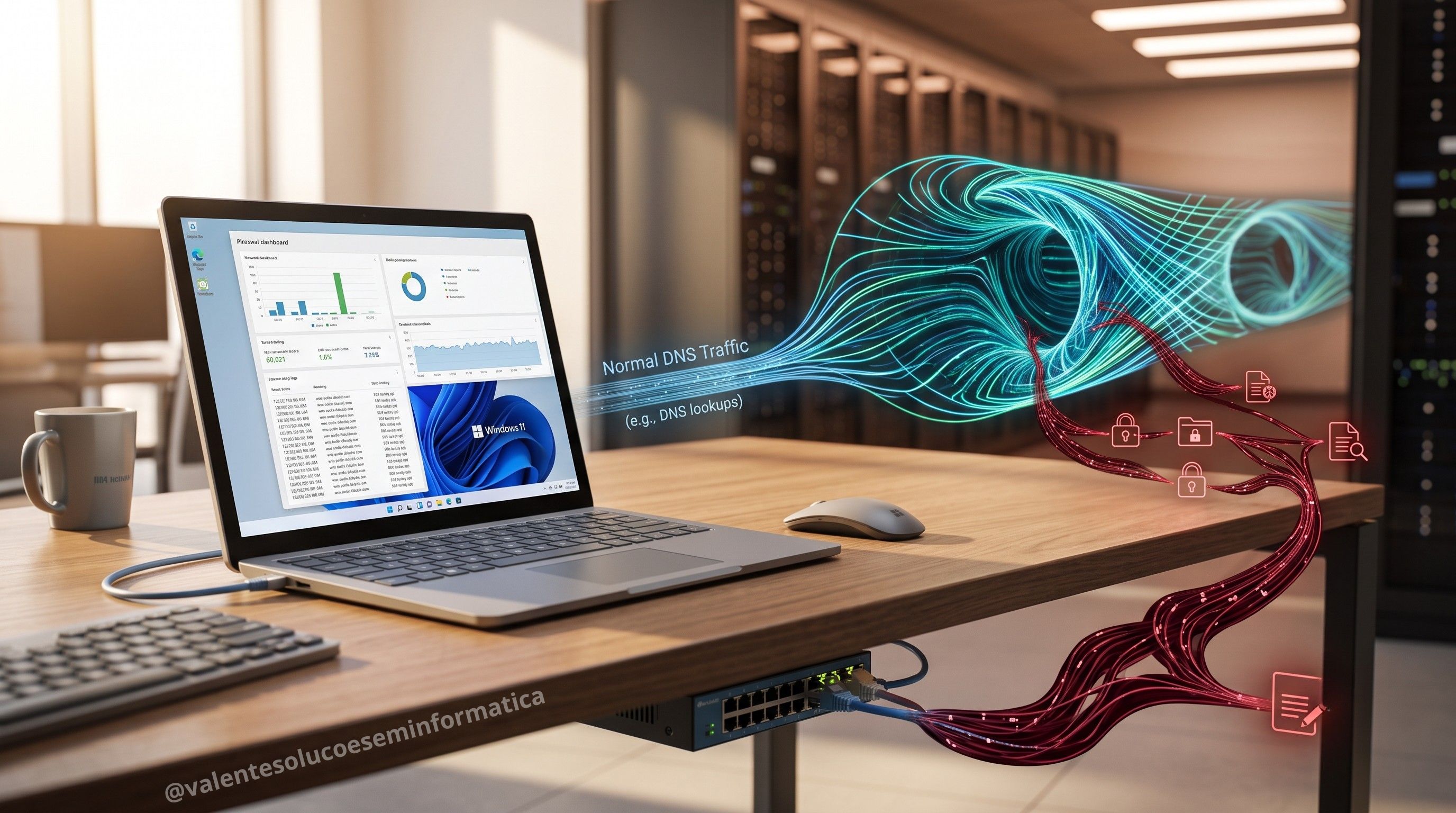 Computador Windows conectado a uma rede com consultas DNS ocultando comandos maliciosos