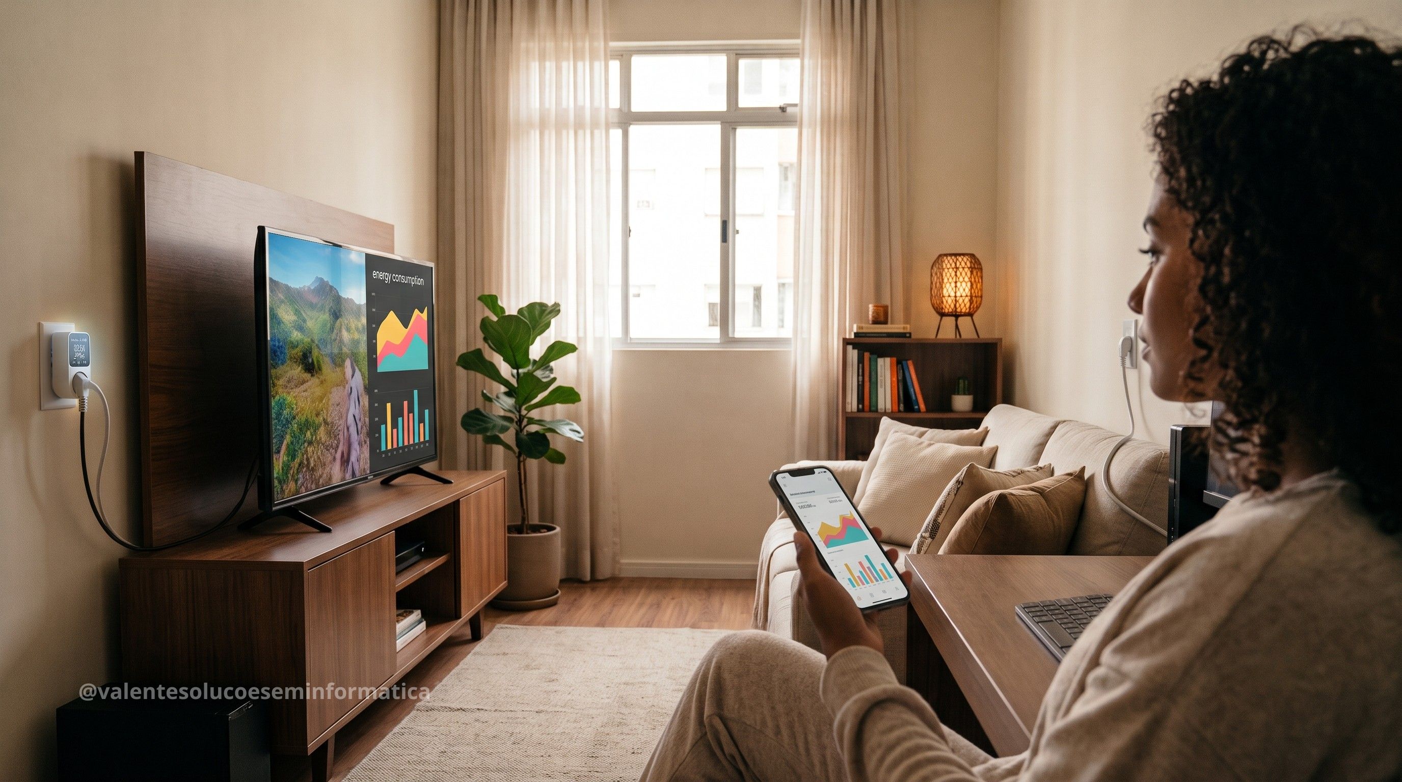 Tomada inteligente conectada a uma televisão para acompanhar o consumo de energia