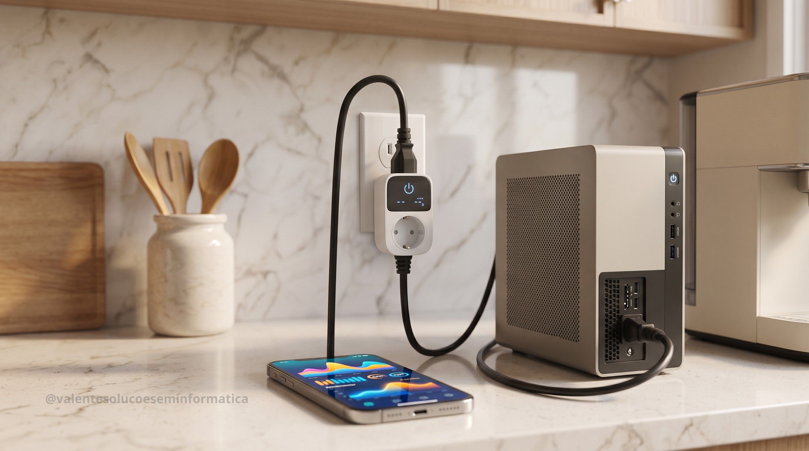 Tomada inteligente conectada a um computador para medir o consumo de energia