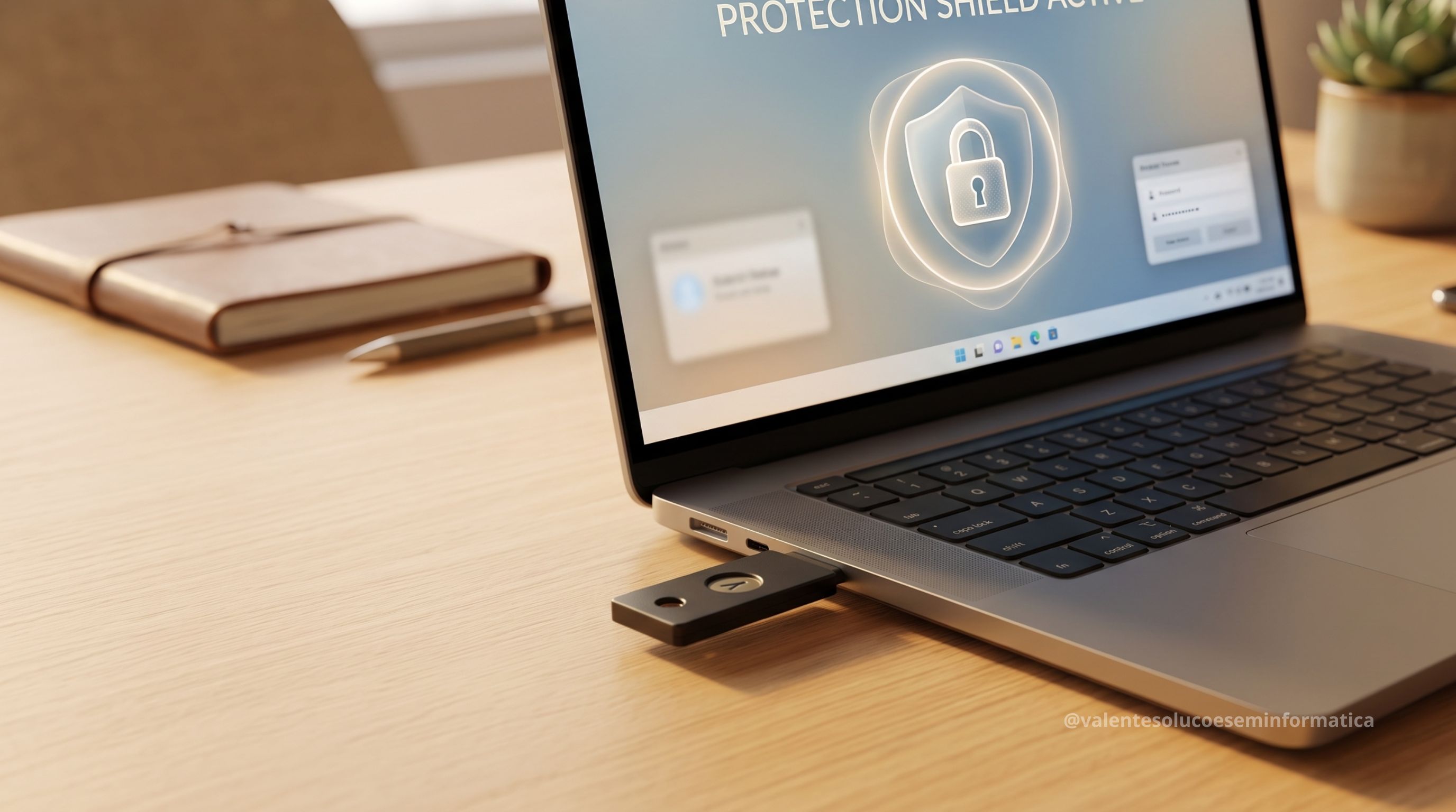 Chave física de segurança conectada a um notebook
