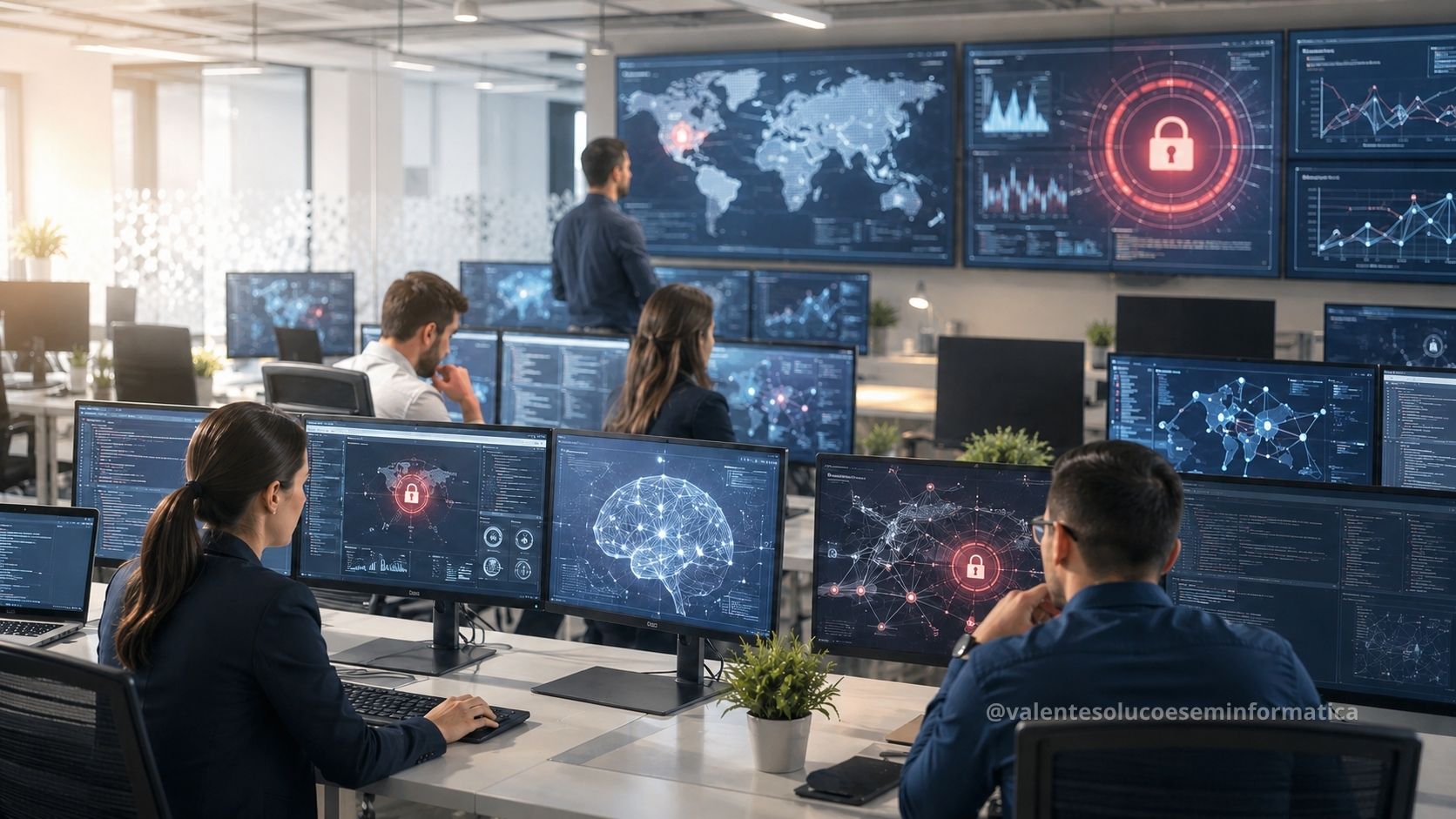 Equipe de cibersegurança monitora rede corporativa contra ransomware com IA